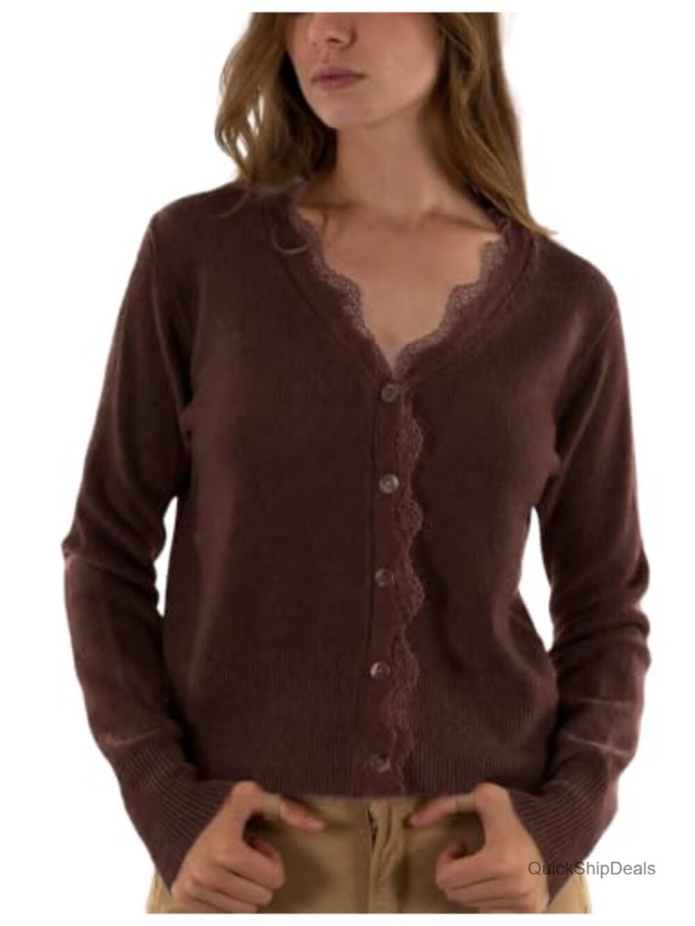Lace Trim V Neck Button Down Knit Cardigan Relaxed Long Sleeve